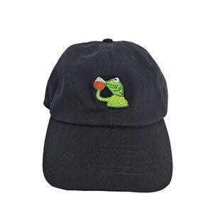 Kermit Frog Drinking Tea Hat Black Embroidered Parody Funny Meme Adjustable Cap